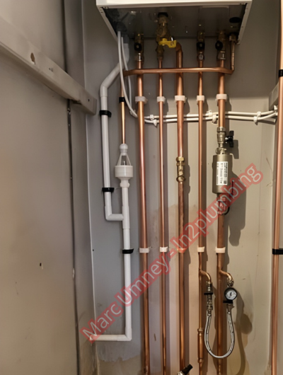 A picture of a typical boiler installation using a hotun dry trap tundish and a hotun detect alarm unit