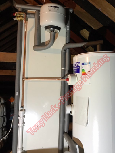 A picture of a typical boiler installation using a hotun dry trap tundish and a hotun detect alarm unit