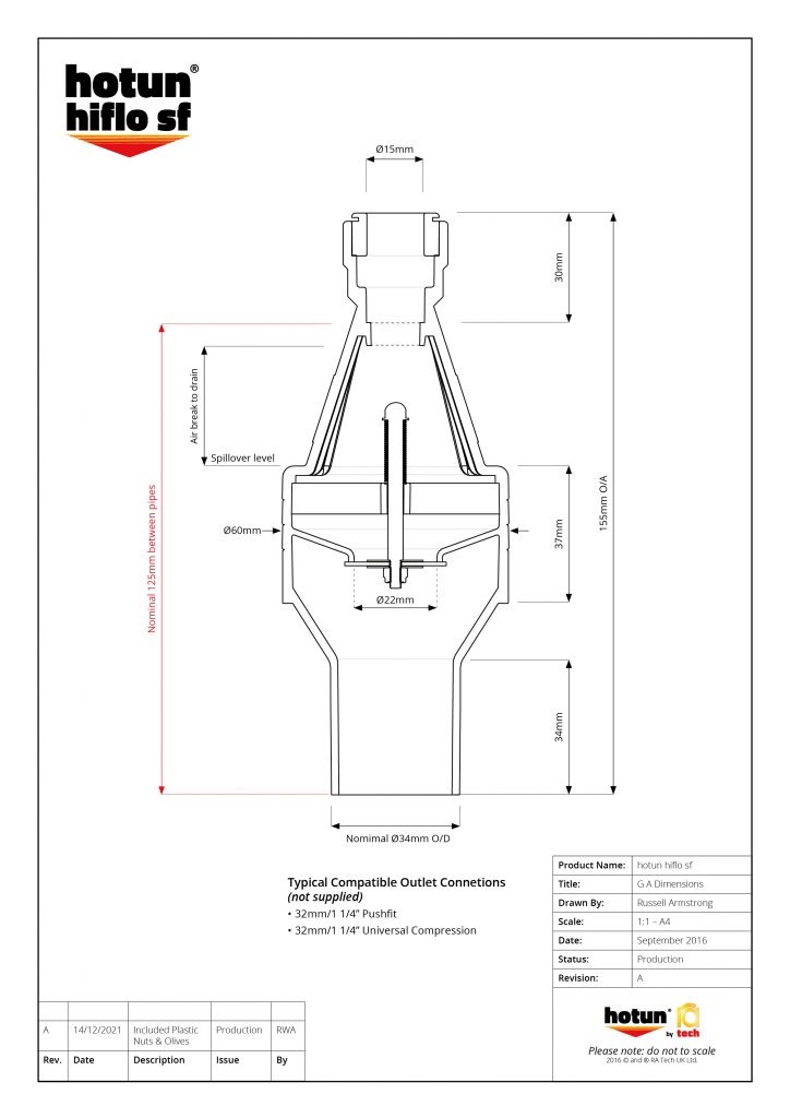 Professional dimensioned technical drawing of hotun hiflo SF dry trap tundish