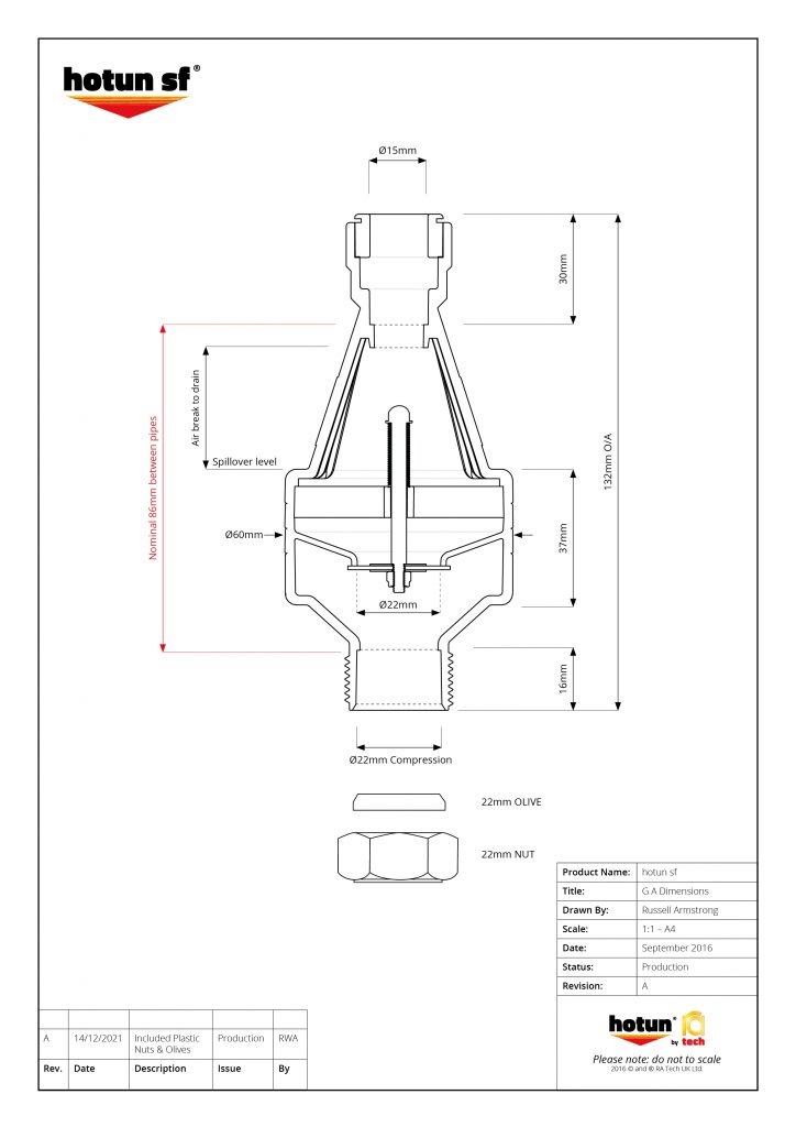 Professional dimensioned technical drawing of hotun SF dry trap tundish